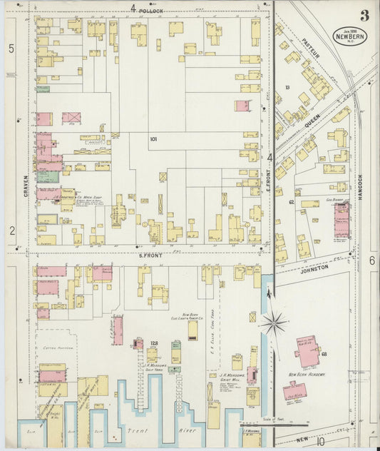Sanborn Fire Insurance Map from New Bern, Craven County, North Carolina (1898), Sheet #0003 - Historic Sanborn Fire Insurance Map Print, vintage old map wall art, antique decor, genealogy gift, North Carolina North Carolina map