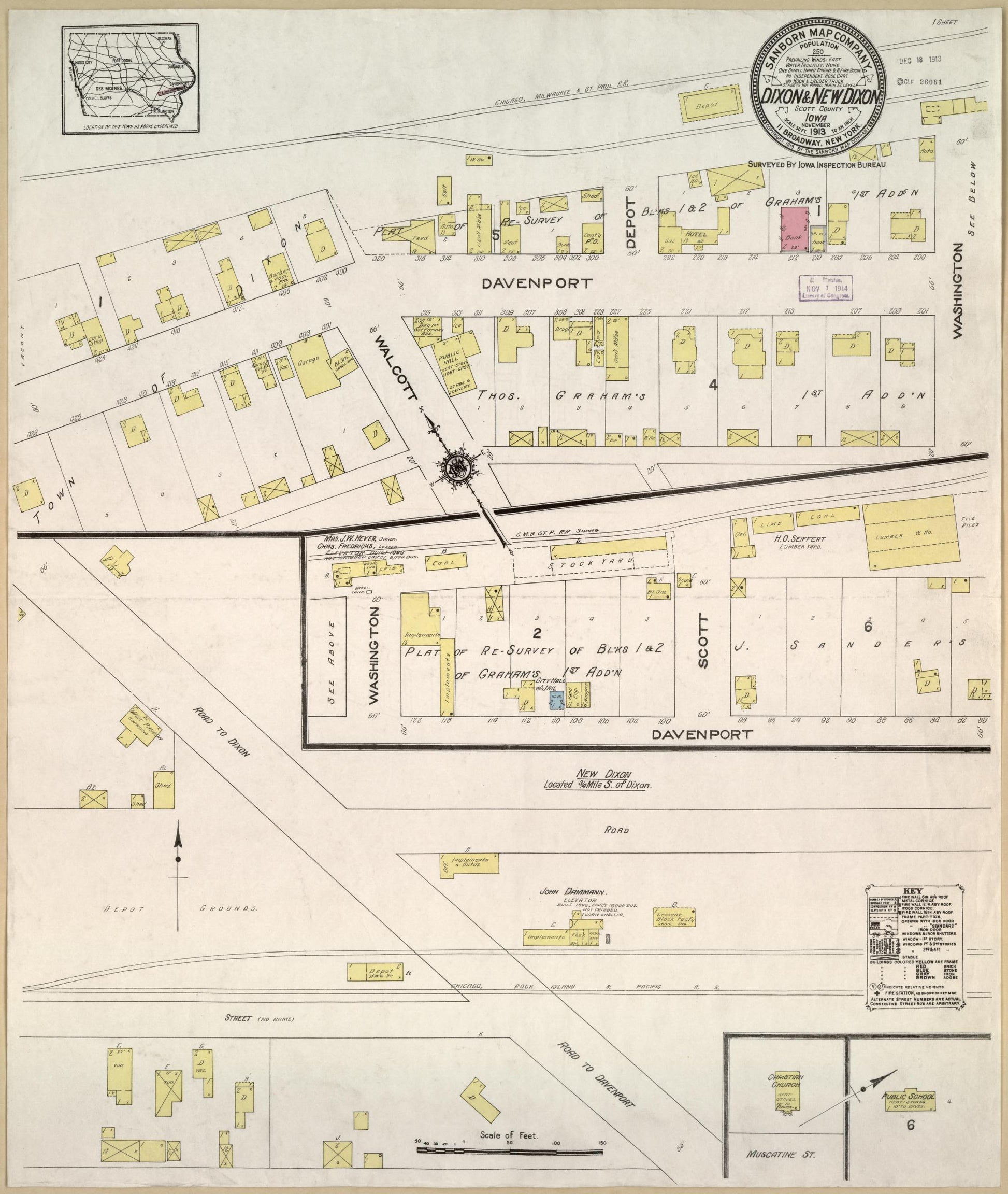 Sanborn Fire Insurance Map from Dixon, Scott County, Iowa (1913), Sheet #0001 - Historic Sanborn Fire Insurance Map Print, vintage old map wall art