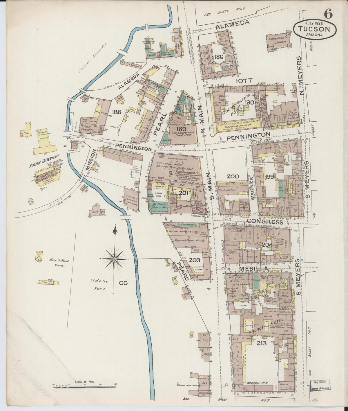 Sanborn Fire Insurance Map from Tucson, Pima County, Arizona (1886), Sheet #0006 - Historic Sanborn Fire Insurance Map Print, vintage old map wall art, antique decor, genealogy gift, Arizona Arizona map