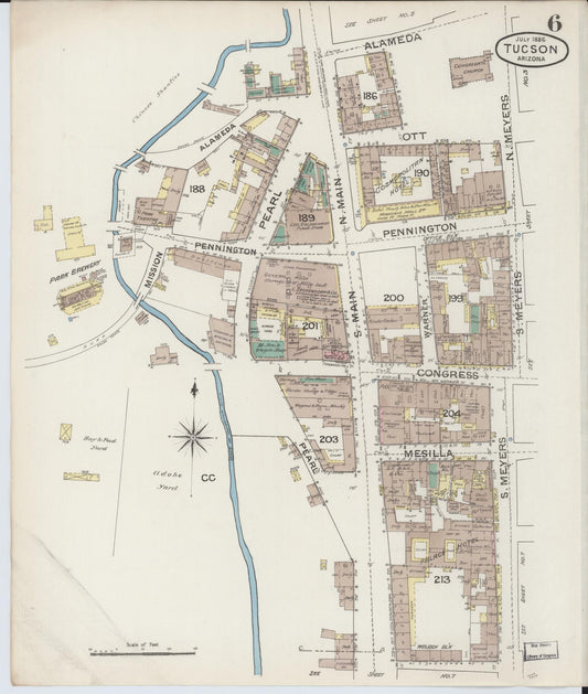 Sanborn Fire Insurance Map from Tucson, Pima County, Arizona (1886), Sheet #0006 - Historic Sanborn Fire Insurance Map Print, vintage old map wall art, antique decor, genealogy gift, Arizona Arizona map