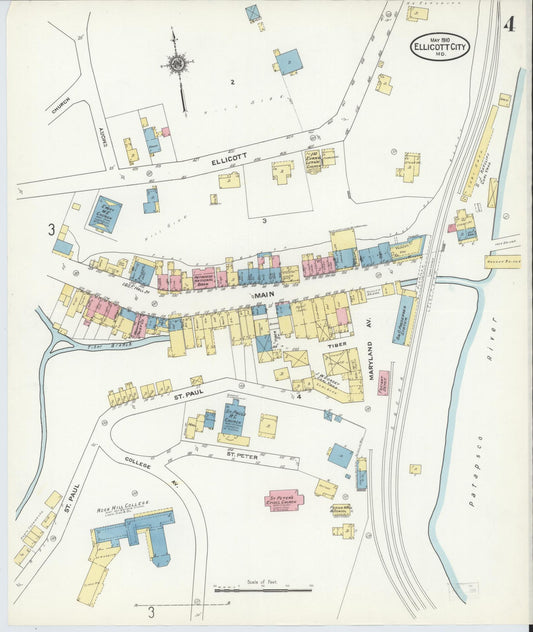 Sanborn Fire Insurance Map from Ellicott City, Howard County, Maryland (1910), Sheet #0004 - Historic Sanborn Fire Insurance Map Print, vintage old map wall art, antique decor, genealogy gift, Maryland Maryland map
