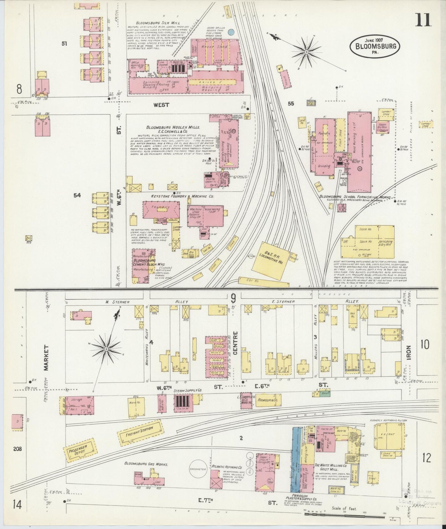 Sanborn Fire Insurance Map from Bloomsburg, Columbia County, Pennsylvania (1907), Sheet #0011 - Historic Sanborn Fire Insurance Map Print, vintage old map wall art, antique decor, genealogy gift, Pennsylvania Pennsylvania map