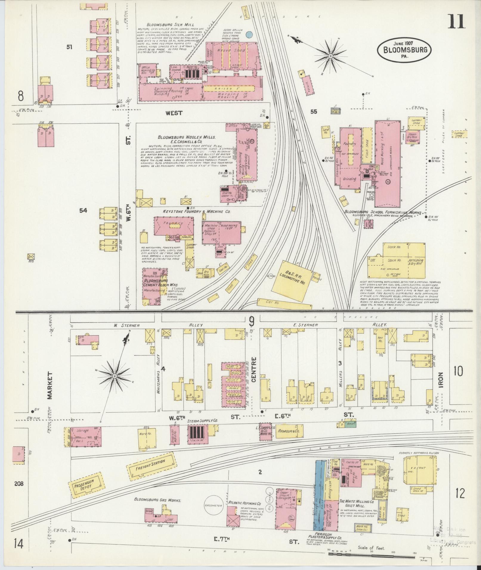 Sanborn Fire Insurance Map from Bloomsburg, Columbia County, Pennsylvania (1907), Sheet #0011 - Historic Sanborn Fire Insurance Map Print, vintage old map wall art, antique decor, genealogy gift, Pennsylvania Pennsylvania map