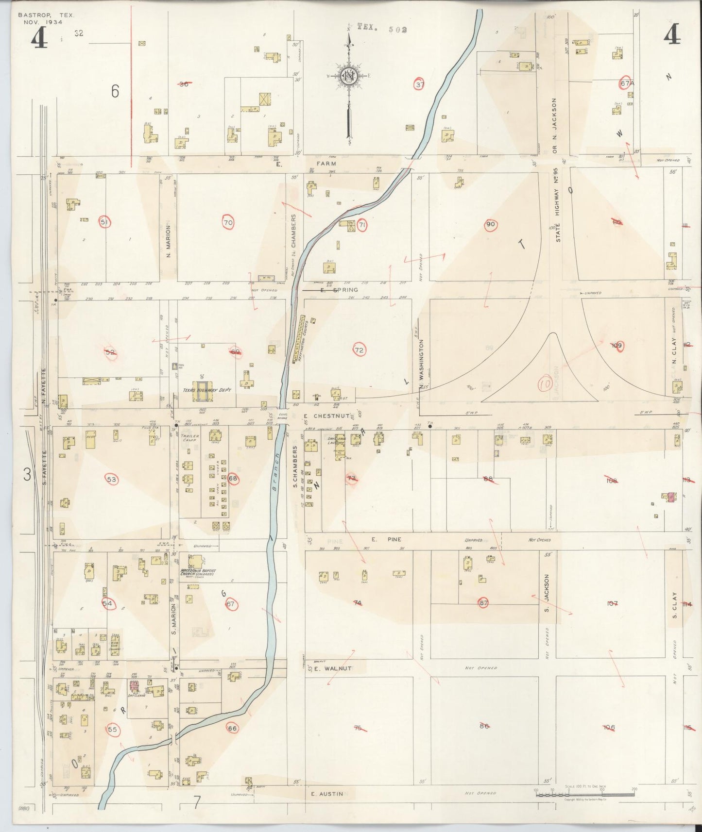 Sanborn Fire Insurance Map from Bastrop, Bastrop County, Texas (1944), Sheet #0004 - Complete Map Set gallery image, historic Sanborn map, vintage wall art, Texas Texas