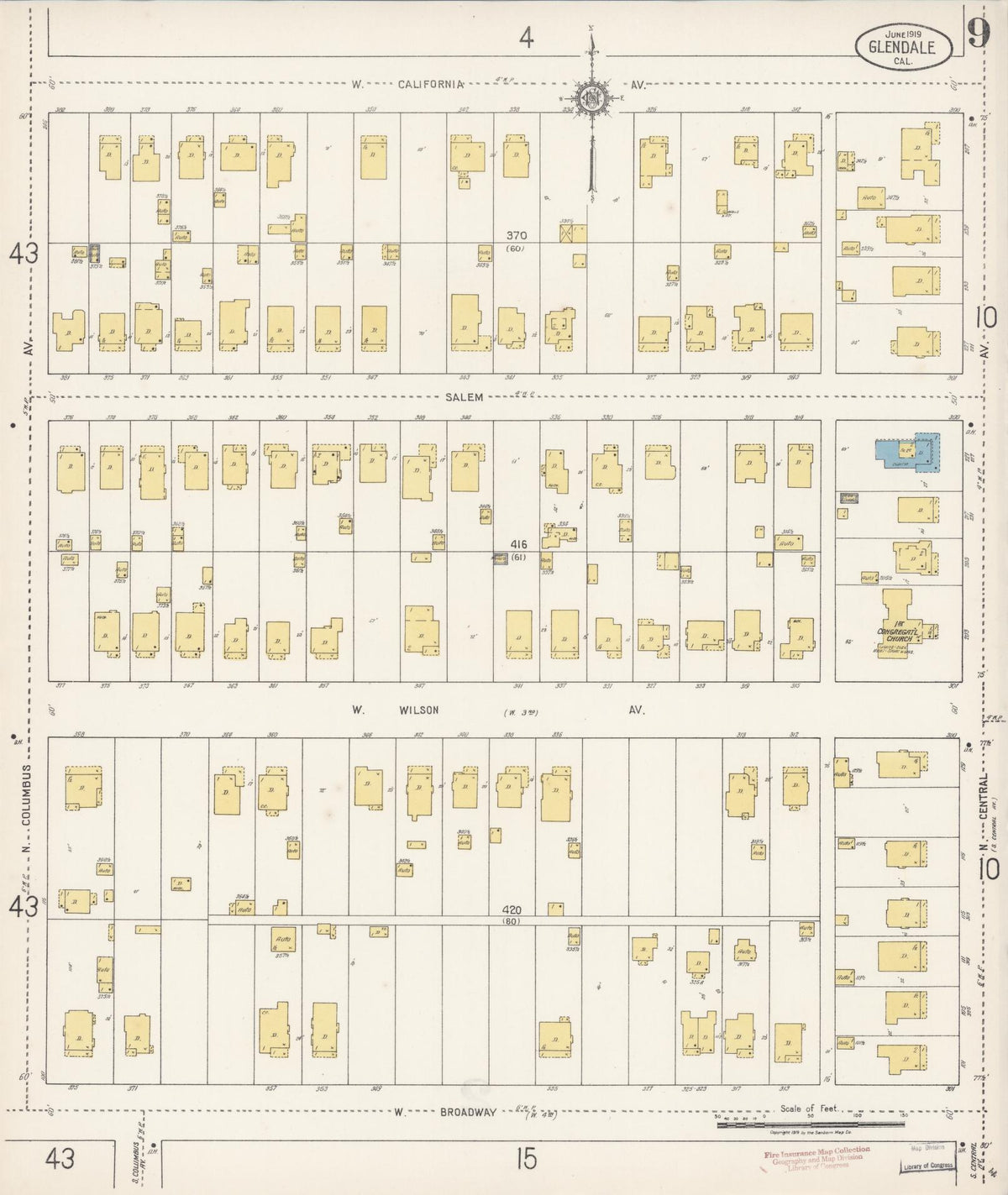 Sanborn Fire Insurance Map from Glendale, Los Angeles County, California (1919), Sheet #0009 - Complete Map Set gallery image, historic Sanborn map, vintage wall art, California California