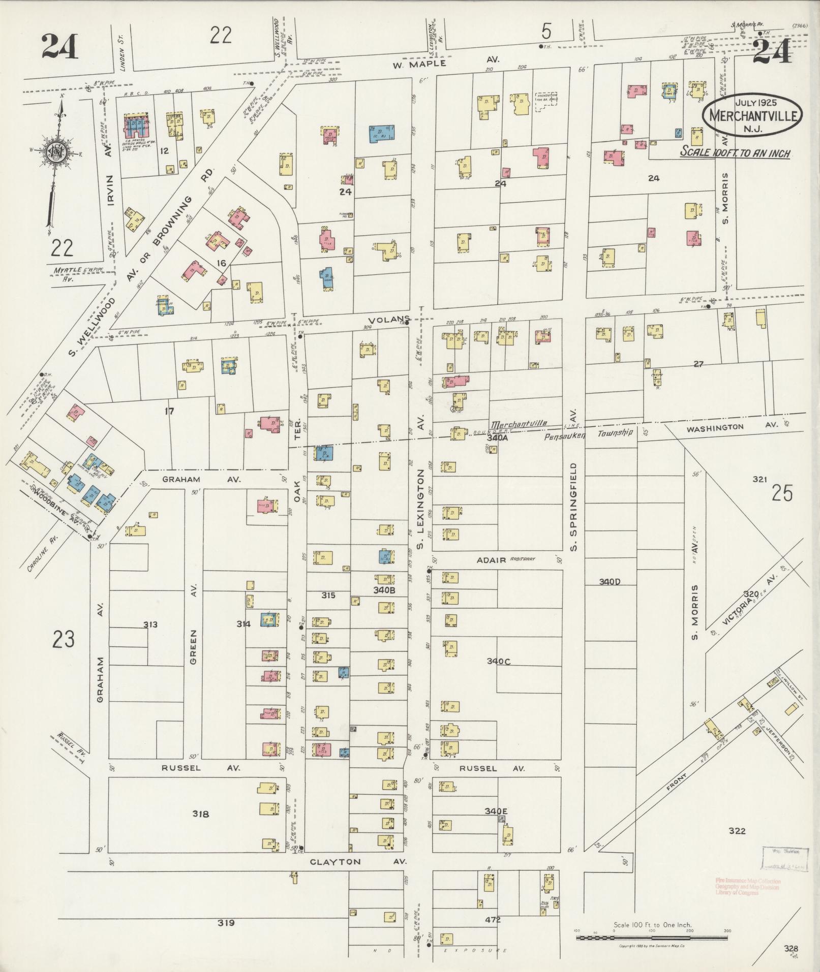 Sanborn Fire Insurance Map from Merchantville, Camden County, New Jersey (1925), Sheet #0024 - Historic Sanborn Fire Insurance Map Print, vintage old map wall art, antique decor, genealogy gift, New Jersey New Jersey map
