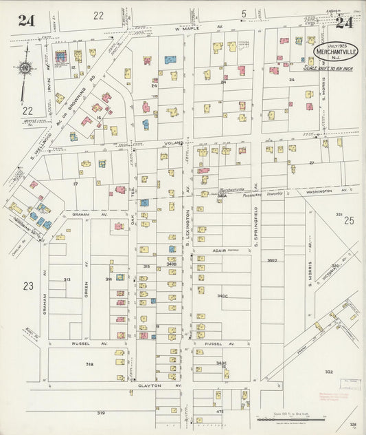 Sanborn Fire Insurance Map from Merchantville, Camden County, New Jersey (1925), Sheet #0024 - Historic Sanborn Fire Insurance Map Print, vintage old map wall art, antique decor, genealogy gift, New Jersey New Jersey map
