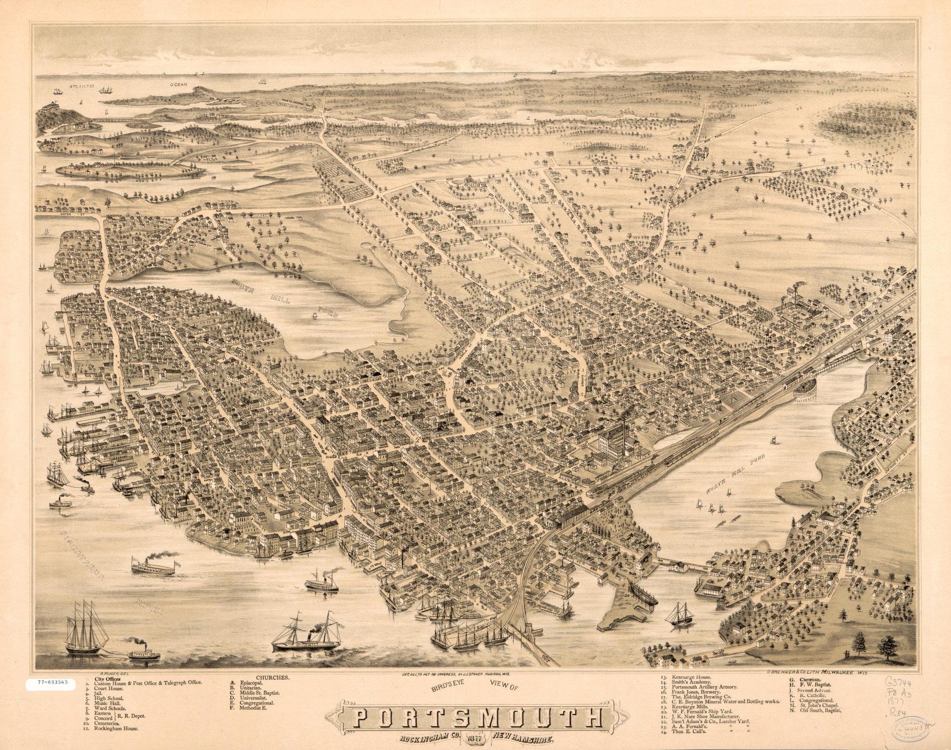 Bird's eye view of Portsmouth, Rockingham Co., New Hampshire. (1877) – Historic Bird’s-Eye View Panorama Print