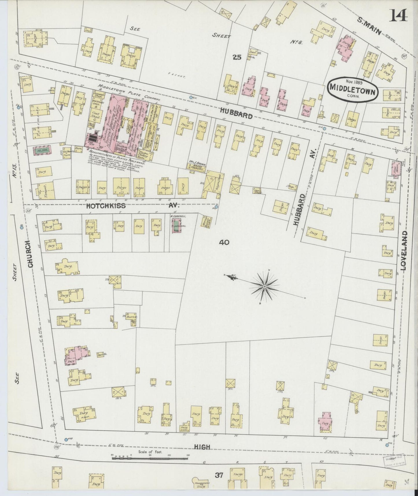 Sanborn Fire Insurance Map from Middletown, Middlesex County, Connecticut (1889), Sheet #0014 - Historic Sanborn Fire Insurance Map Print, vintage old map wall art, antique decor, genealogy gift, Connecticut Connecticut map
