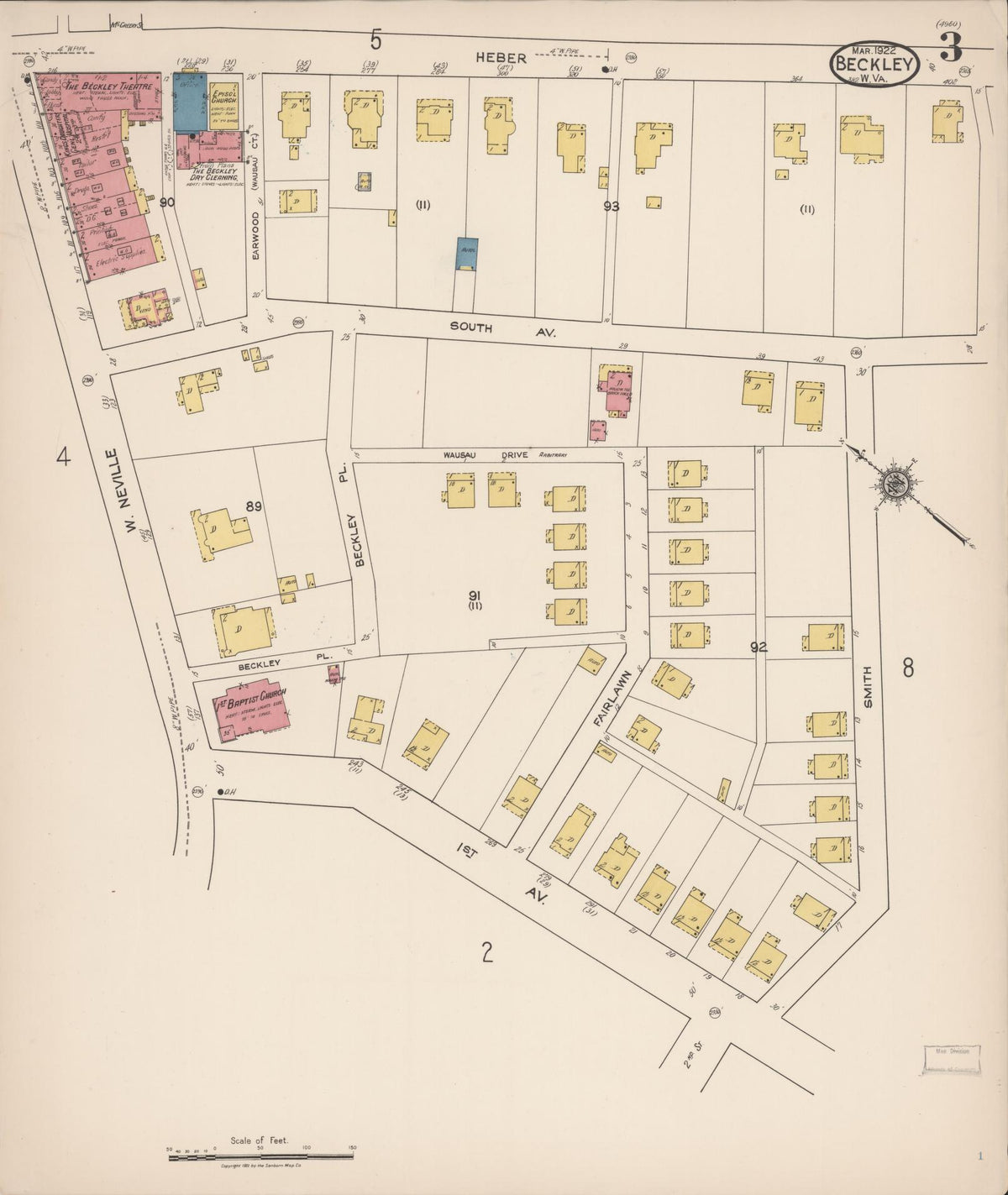 Sanborn Fire Insurance Map from Beckley, Raleigh County, West Virginia (1922), Sheet #0003 - Complete Map Set gallery image, historic Sanborn map, vintage wall art, West Virginia West Virginia