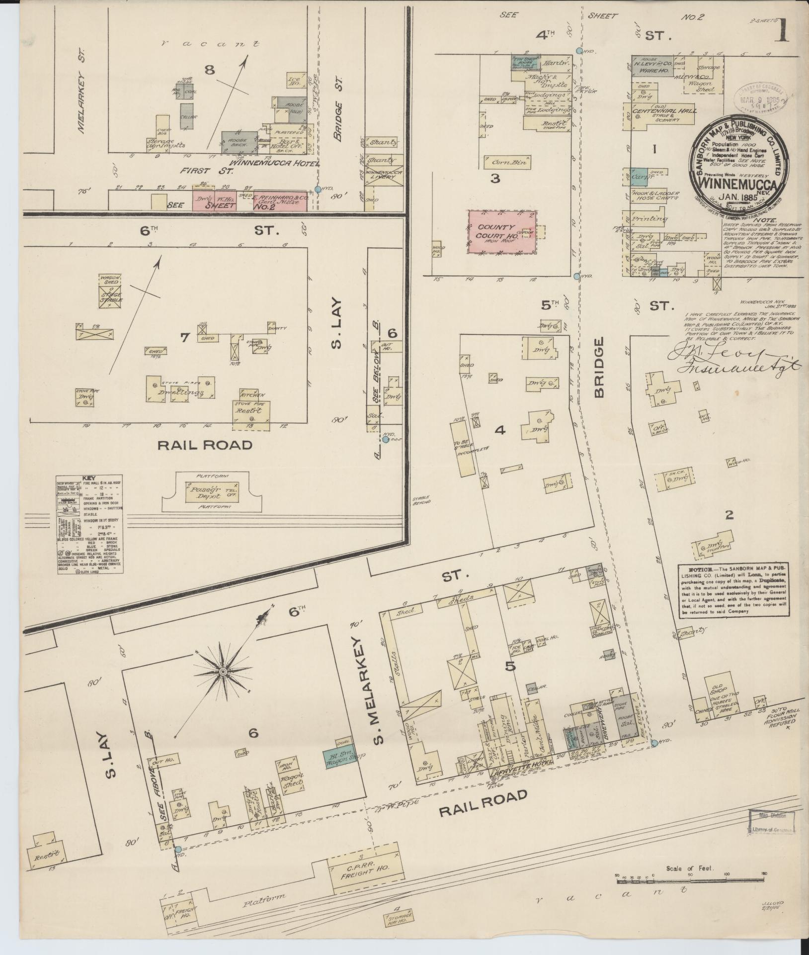 Sanborn Fire Insurance Map from Winnemucca, Humboldt County, Nevada (1885), Sheet #0001 - Historic Sanborn Fire Insurance Map Print, vintage old map wall art, antique decor, genealogy gift, Nevada Nevada map