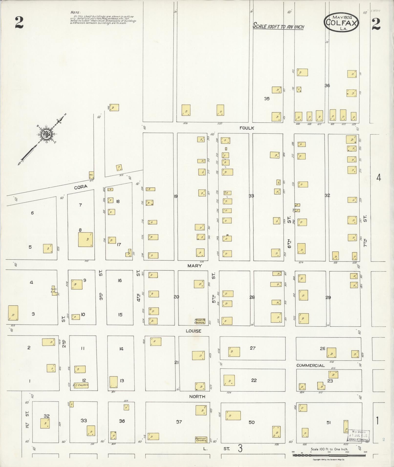 Sanborn Fire Insurance Map from Colfax, Grant Parish, Louisiana (1924), Sheet #0002 - Complete Map Set gallery image, historic Sanborn map, vintage wall art, Louisiana Louisiana