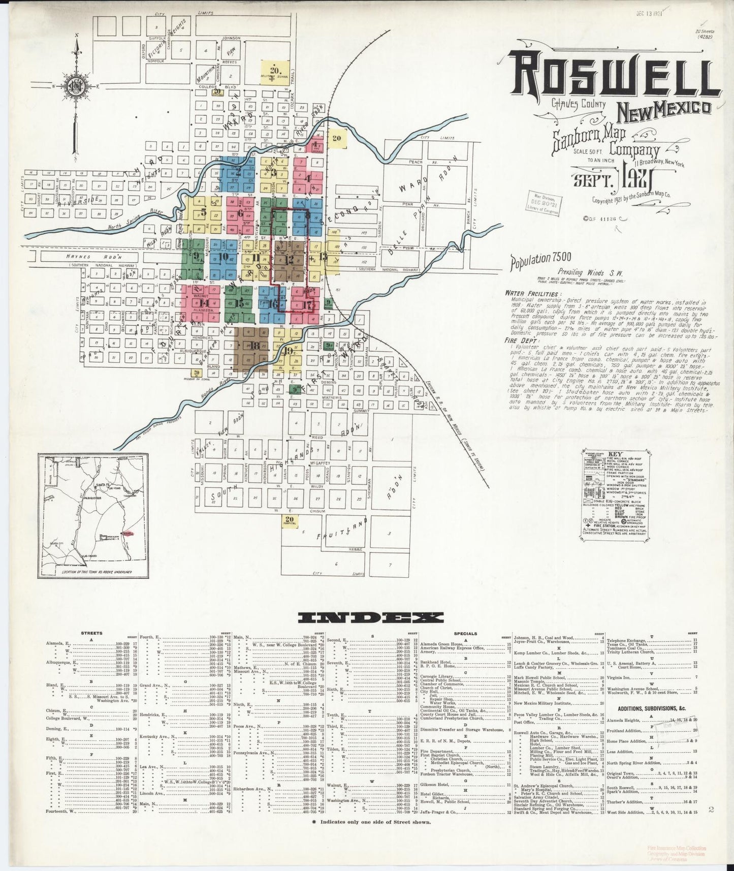 Sanborn Fire Insurance Map from Roswell, Chaves County, New Mexico (1921), Sheet #0001 - Historic Sanborn Fire Insurance Map Print, vintage old map wall art, antique decor, genealogy gift, New Mexico New Mexico map