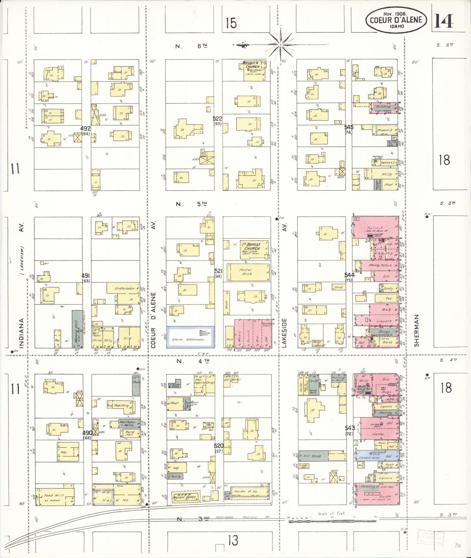 Sanborn Fire Insurance Map from Coeur D'alene, Kootenai County, Idaho (1908), Sheet #0014 - Complete Map Set gallery image, historic Sanborn map, vintage wall art, Idaho Idaho