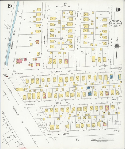 Sanborn Fire Insurance Map from Royal Oak, Oakland County, Michigan (1926), Sheet #0019 - Historic Sanborn Fire Insurance Map Print, vintage old map wall art, antique decor, genealogy gift, Michigan Michigan map