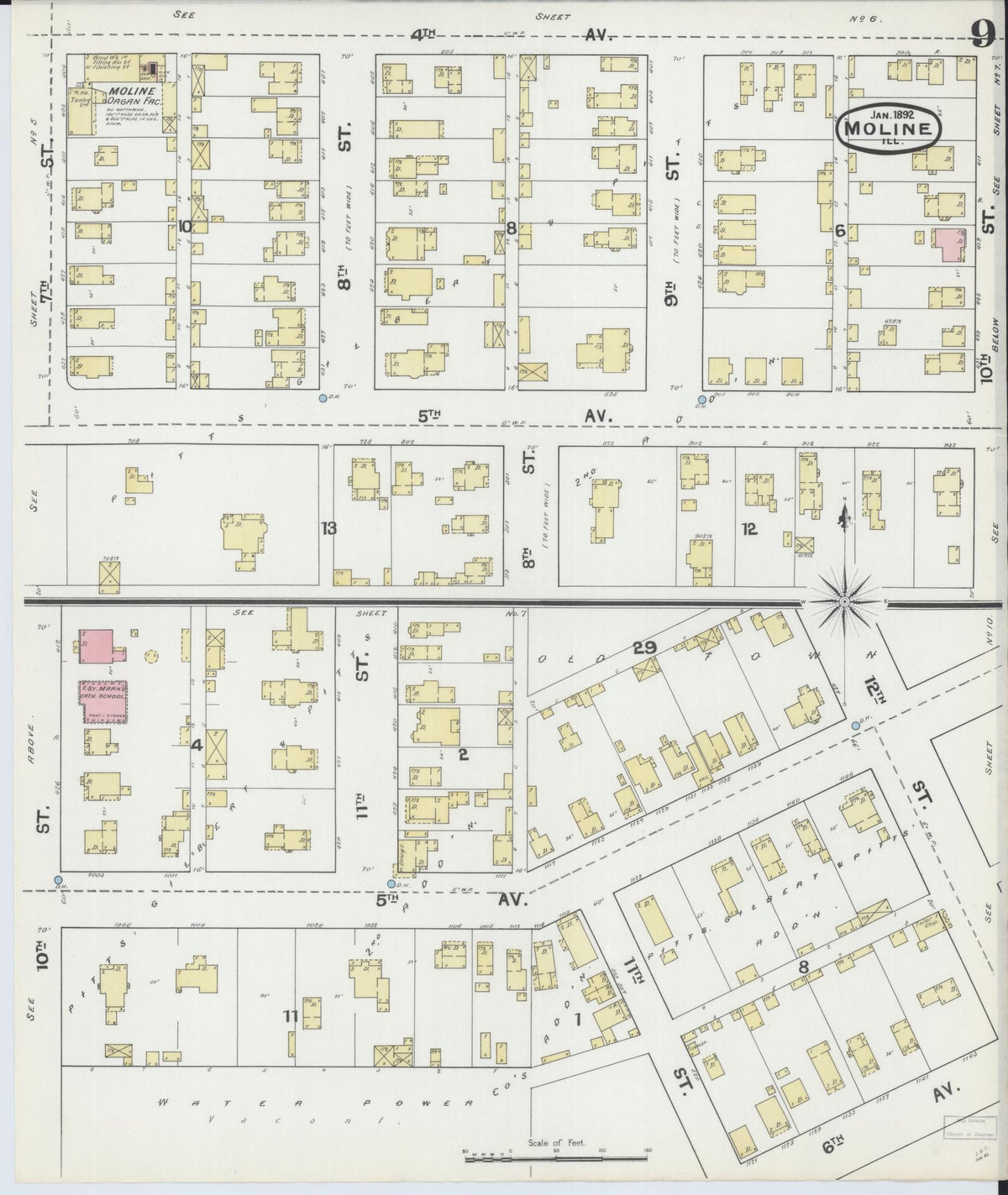 Sanborn Fire Insurance Map from Moline, Rock Island County, Illinois (1892), Sheet #0009 - Historic Sanborn Fire Insurance Map Print, vintage old map wall art, antique decor, genealogy gift, Illinois Illinois map