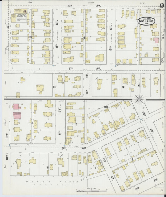 Sanborn Fire Insurance Map from Moline, Rock Island County, Illinois (1892), Sheet #0009 - Historic Sanborn Fire Insurance Map Print, vintage old map wall art, antique decor, genealogy gift, Illinois Illinois map