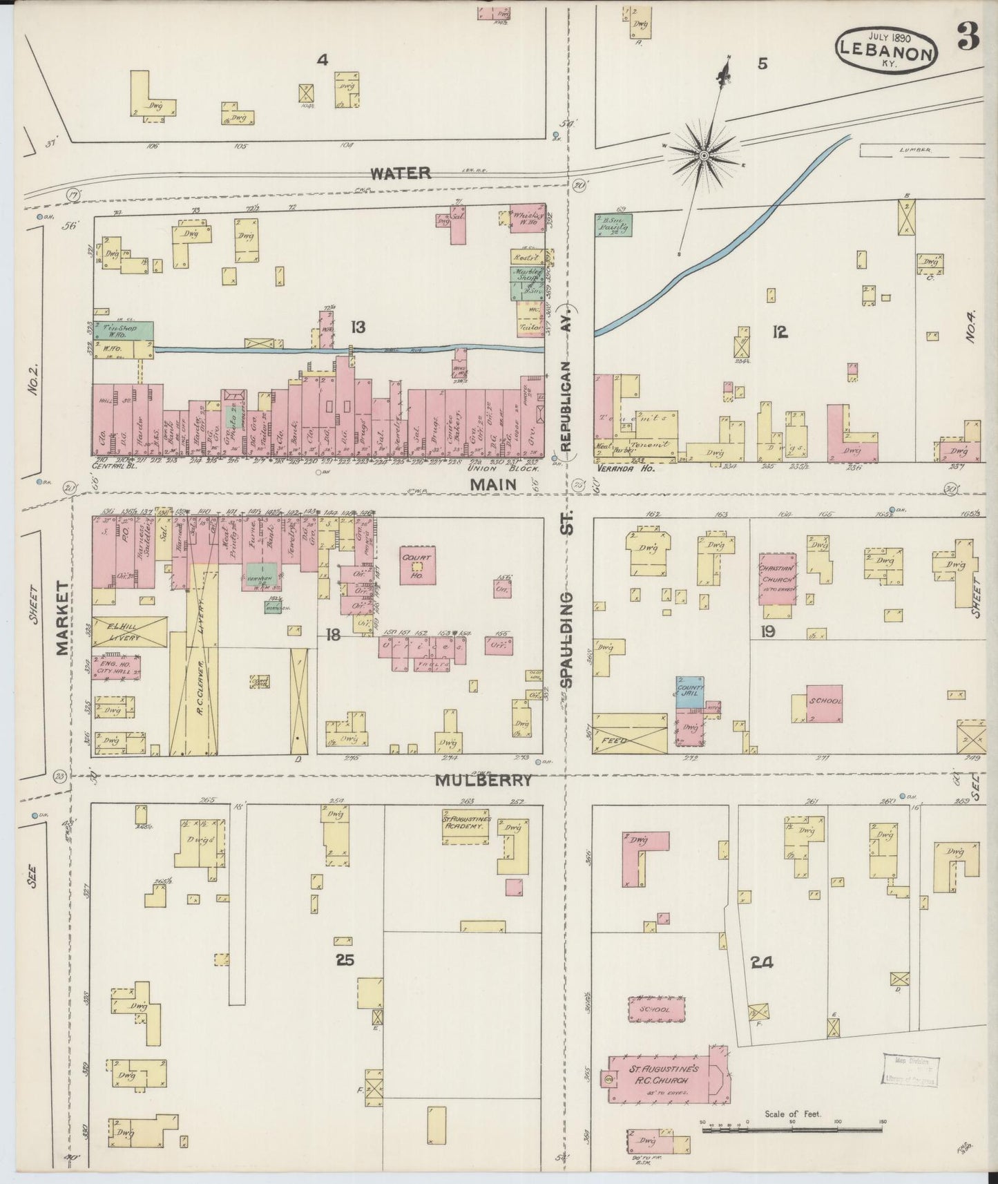 Sanborn Fire Insurance Map from Lebanon, Marion County, Kentucky (1890), Sheet #0003 - Complete Map Set gallery image, historic Sanborn map, vintage wall art, Kentucky Kentucky