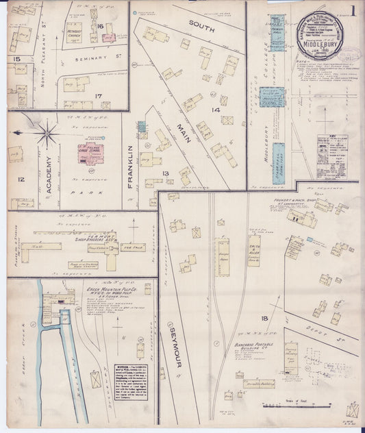 Sanborn Fire Insurance Map from Middlebury, Addison County, Vermont (1885), Sheet #0001 - Historic Sanborn Fire Insurance Map Print, vintage old map wall art, antique decor, genealogy gift, Vermont Vermont map