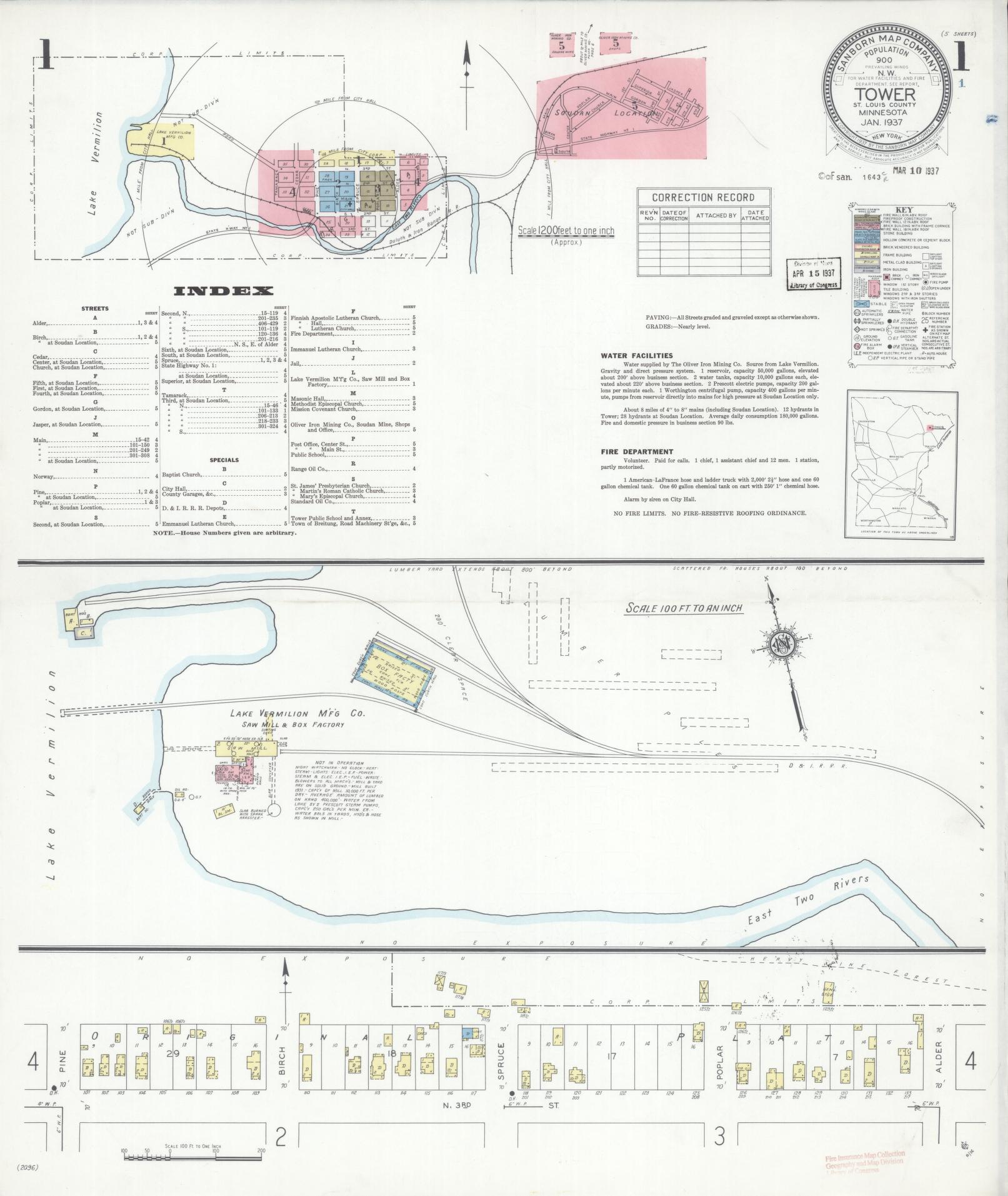 Sanborn Fire Insurance Map from Tower, Saint Louis County, Minnesota (1937), Sheet #0001 - Complete Map Set gallery image, historic Sanborn map, vintage wall art, Minnesota Minnesota