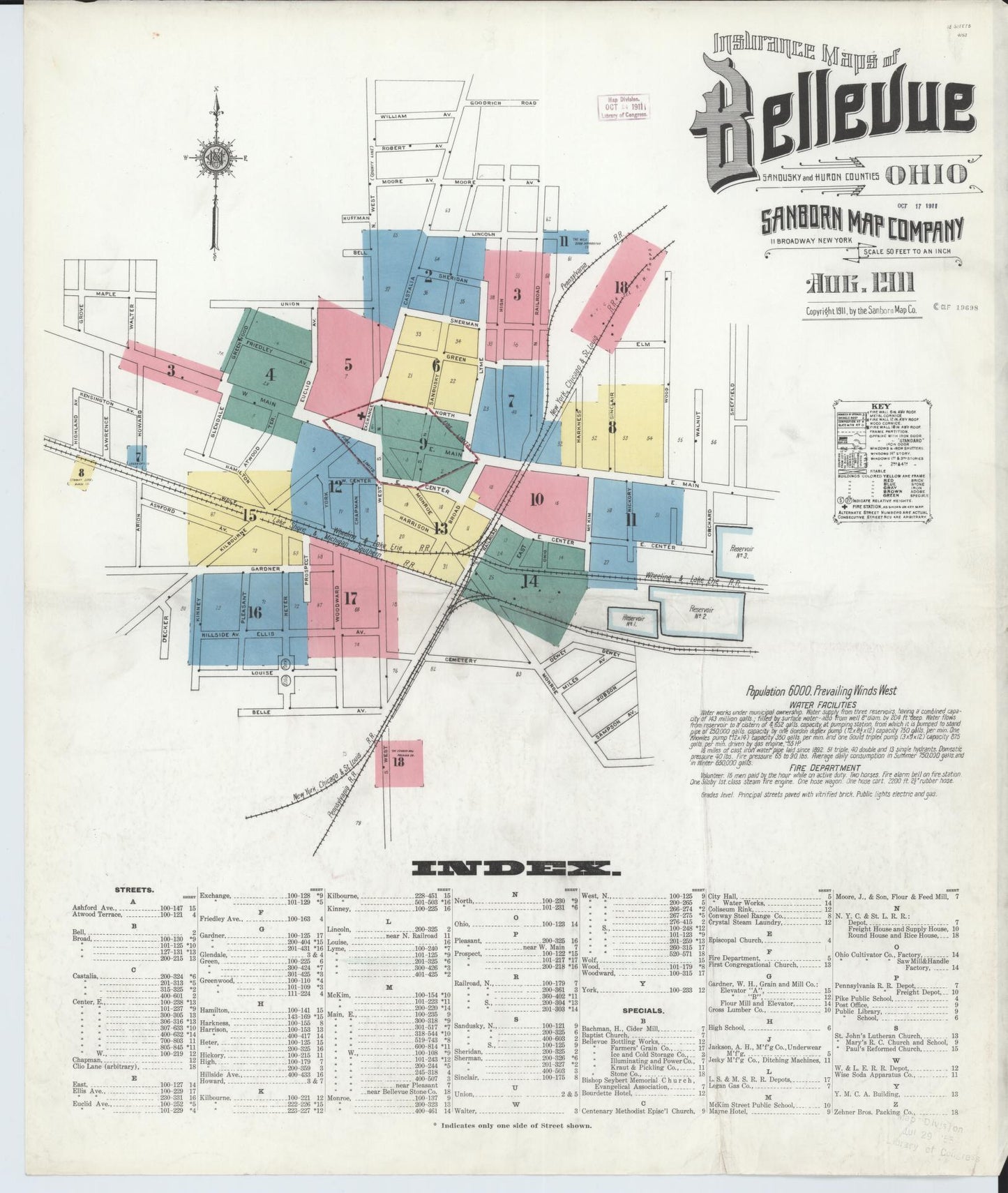 Sanborn Fire Insurance Map from Bellevue, Huron And Sandusky County, Ohio (1911), Sheet #0001 - Historic Sanborn Fire Insurance Map Print, vintage old map wall art, antique decor, genealogy gift, Ohio Ohio map