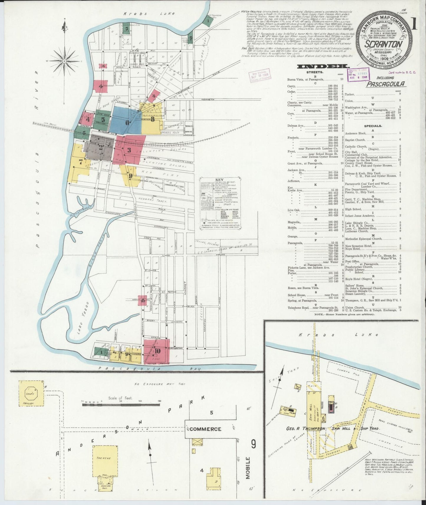 Sanborn Fire Insurance Map from Scranton, Jackson County, Mississippi (1909), Sheet #0001 - Complete Map Set gallery image, historic Sanborn map, vintage wall art, Mississippi Mississippi