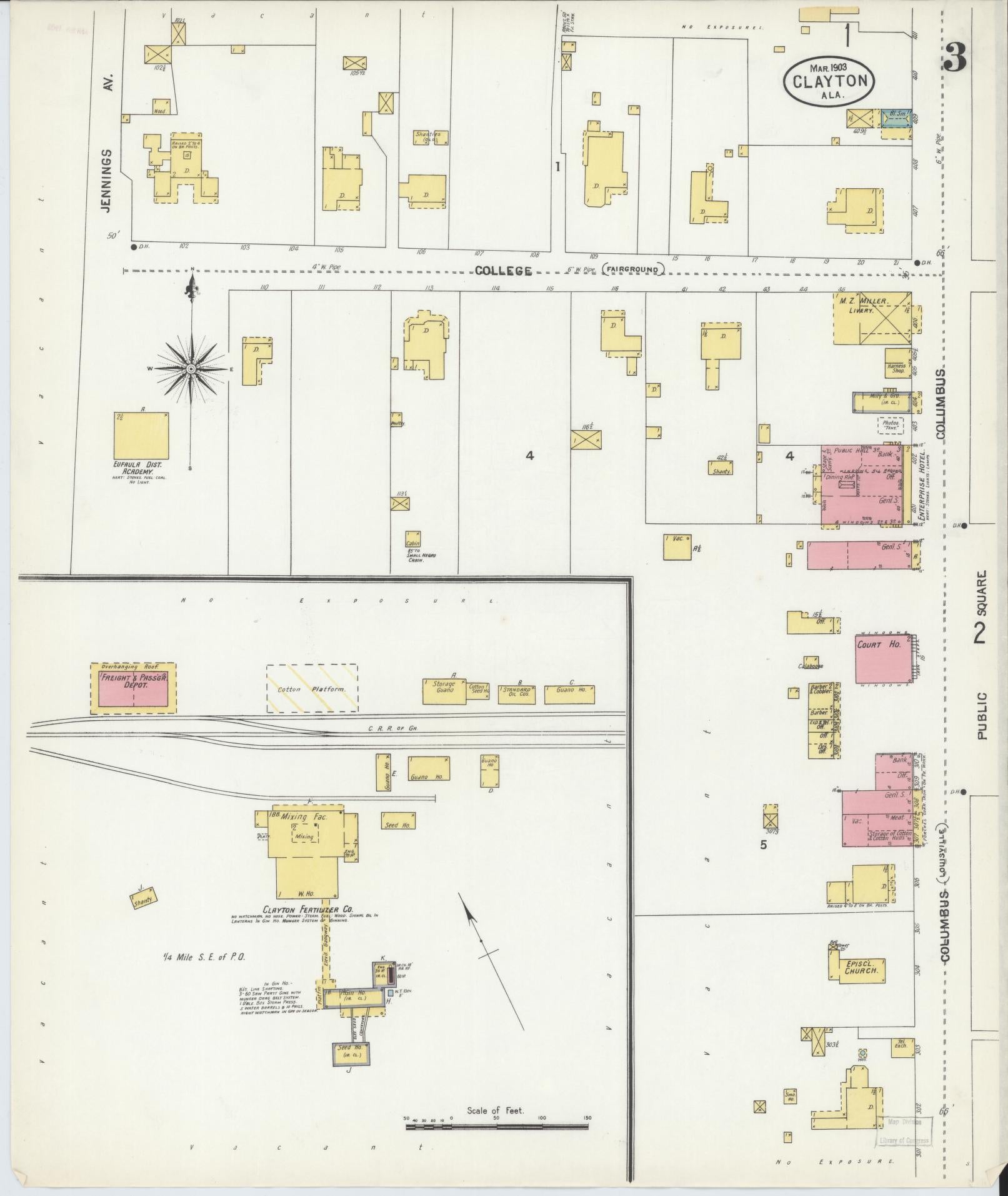 Sanborn Fire Insurance Map from Clayton, Barbour County, Alabama (1903), Sheet #0003 - Complete Map Set gallery image, historic Sanborn map, vintage wall art, Alabama Alabama