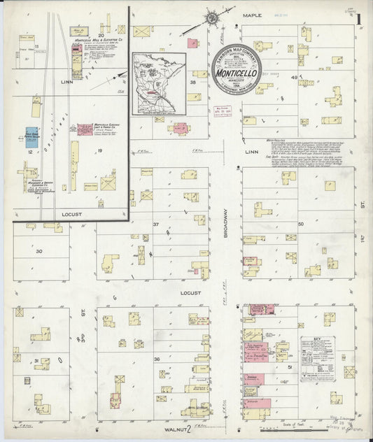 Sanborn Fire Insurance Map from Monticello, Wright County, Minnesota (1914), Sheet #0001 - Historic Sanborn Fire Insurance Map Print, vintage old map wall art, antique decor, genealogy gift, Minnesota Minnesota map