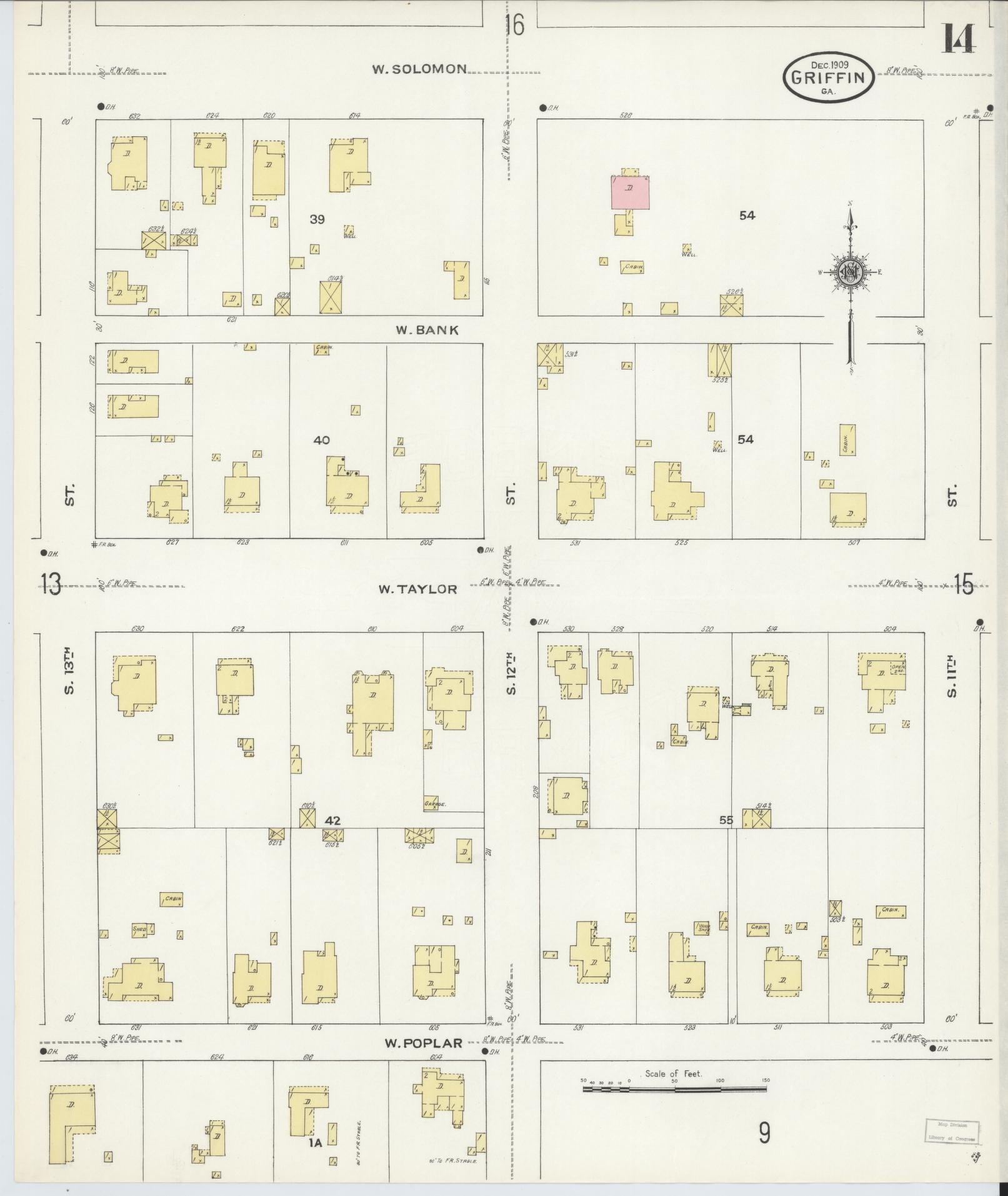 Sanborn Fire Insurance Map from Griffin, Spalding County, Georgia (1909), Sheet #0014 - Complete Map Set gallery image, historic Sanborn map, vintage wall art, Georgia Georgia