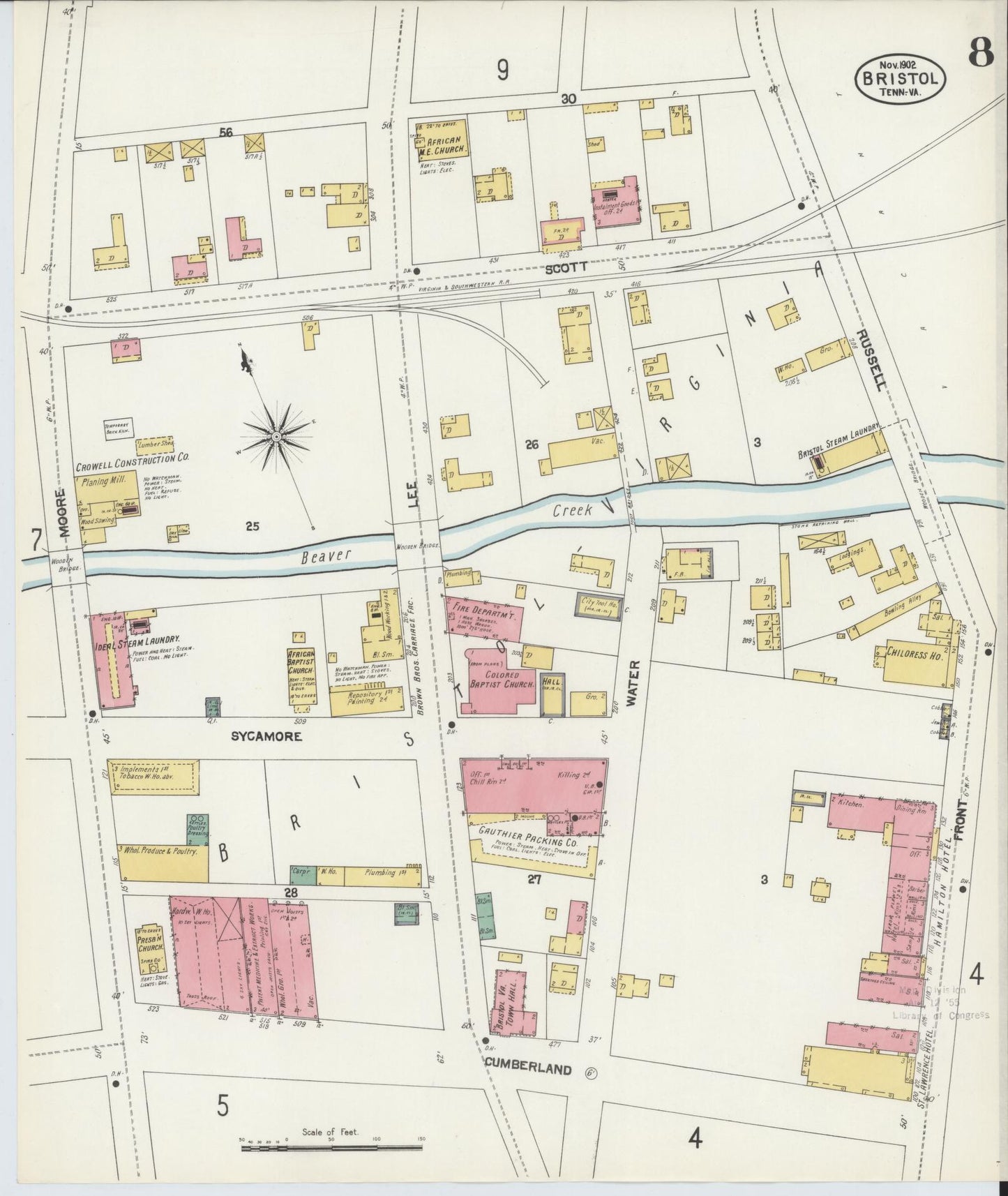 Sanborn Fire Insurance Map from Bristol, Sullivan County, Tennessee (1902), Sheet #0008 - Historic Sanborn Fire Insurance Map Print, vintage old map wall art, antique decor, genealogy gift, Tennessee Tennessee map