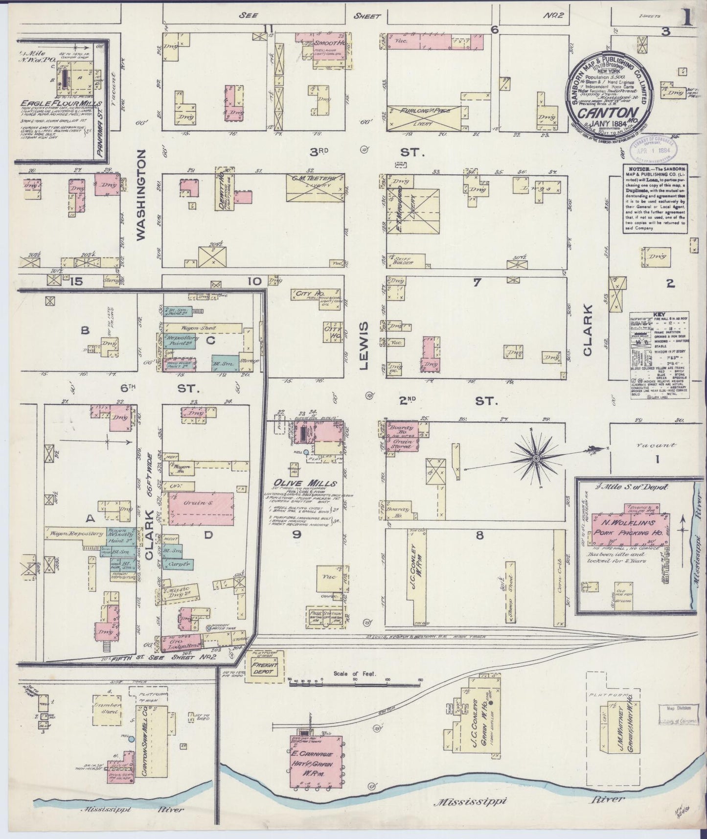 Sanborn Fire Insurance Map from Canton, Lewis County, Missouri (1884), Sheet #0001 - Historic Sanborn Fire Insurance Map Print, vintage old map wall art, antique decor, genealogy gift, Missouri Missouri map