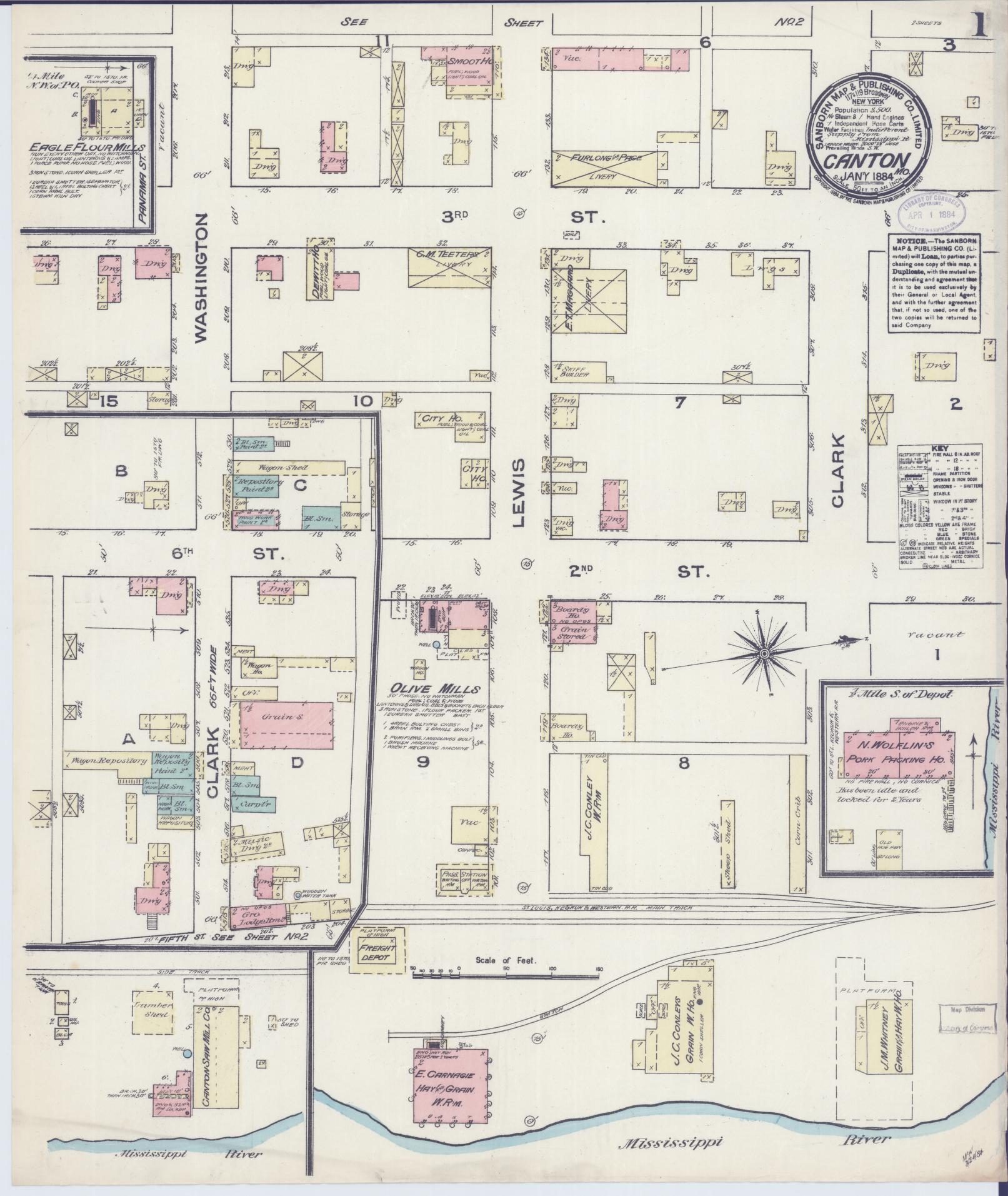 Sanborn Fire Insurance Map from Canton, Lewis County, Missouri (1884), Sheet #0001 - Historic Sanborn Fire Insurance Map Print, vintage old map wall art, antique decor, genealogy gift, Missouri Missouri map