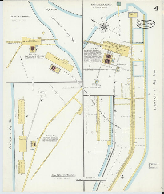 Sanborn Fire Insurance Map from Moss Point, Jackson County, Mississippi (1904), Sheet #0004 - Historic Sanborn Fire Insurance Map Print, vintage old map wall art, antique decor, genealogy gift, Mississippi Mississippi map