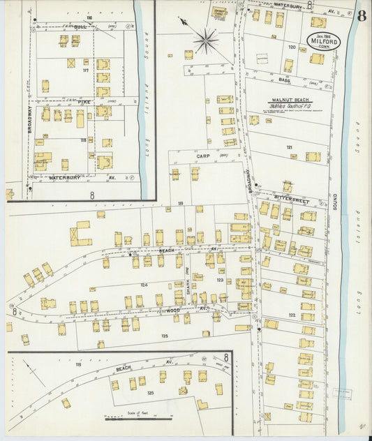 Sanborn Fire Insurance Map from Milford, New Haven County, Connecticut (1906), Sheet #0008 - Historic Sanborn Fire Insurance Map Print, vintage old map wall art, antique decor, genealogy gift, Connecticut Connecticut map