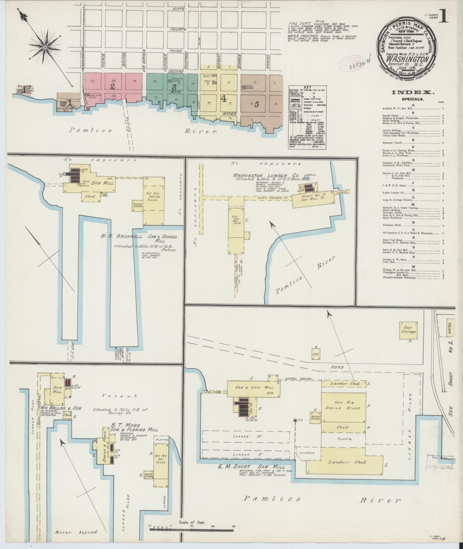 Sanborn Fire Insurance Map from Washington, Beaufort County, North Carolina (1891), Sheet #0001 - Complete Map Set gallery image, historic Sanborn map, vintage wall art, North Carolina North Carolina