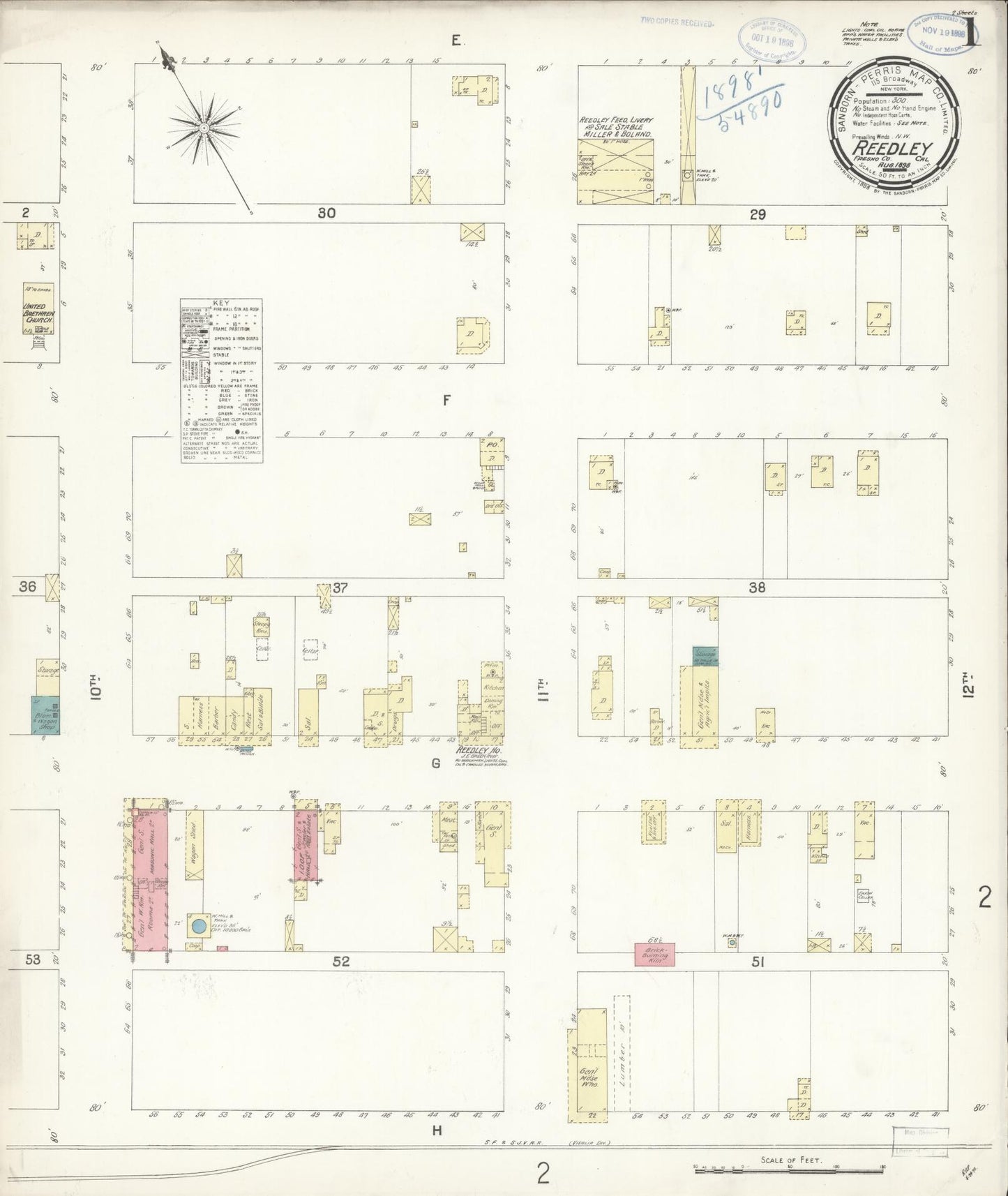 Sanborn Fire Insurance Map from Reedley, Fresno County, California (1898), Sheet #0001 - Complete Map Set gallery image, historic Sanborn map, vintage wall art, California California