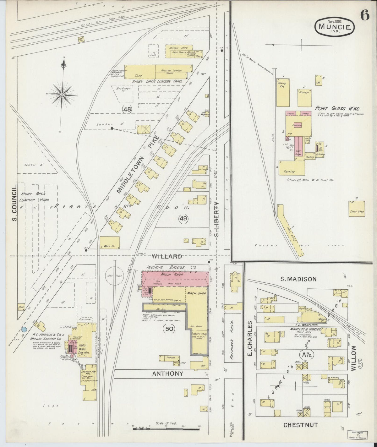 Sanborn Fire Insurance Map from Muncie, Delaware County, Indiana (1892), Sheet #0006 - Historic Sanborn Fire Insurance Map Print, vintage old map wall art, antique decor, genealogy gift, Muncie Delaware map