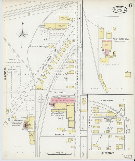 Sanborn Fire Insurance Map from Muncie, Delaware County, Indiana (1892), Sheet #0006 - Historic Sanborn Fire Insurance Map Print, vintage old map wall art, antique decor, genealogy gift, Muncie Delaware map