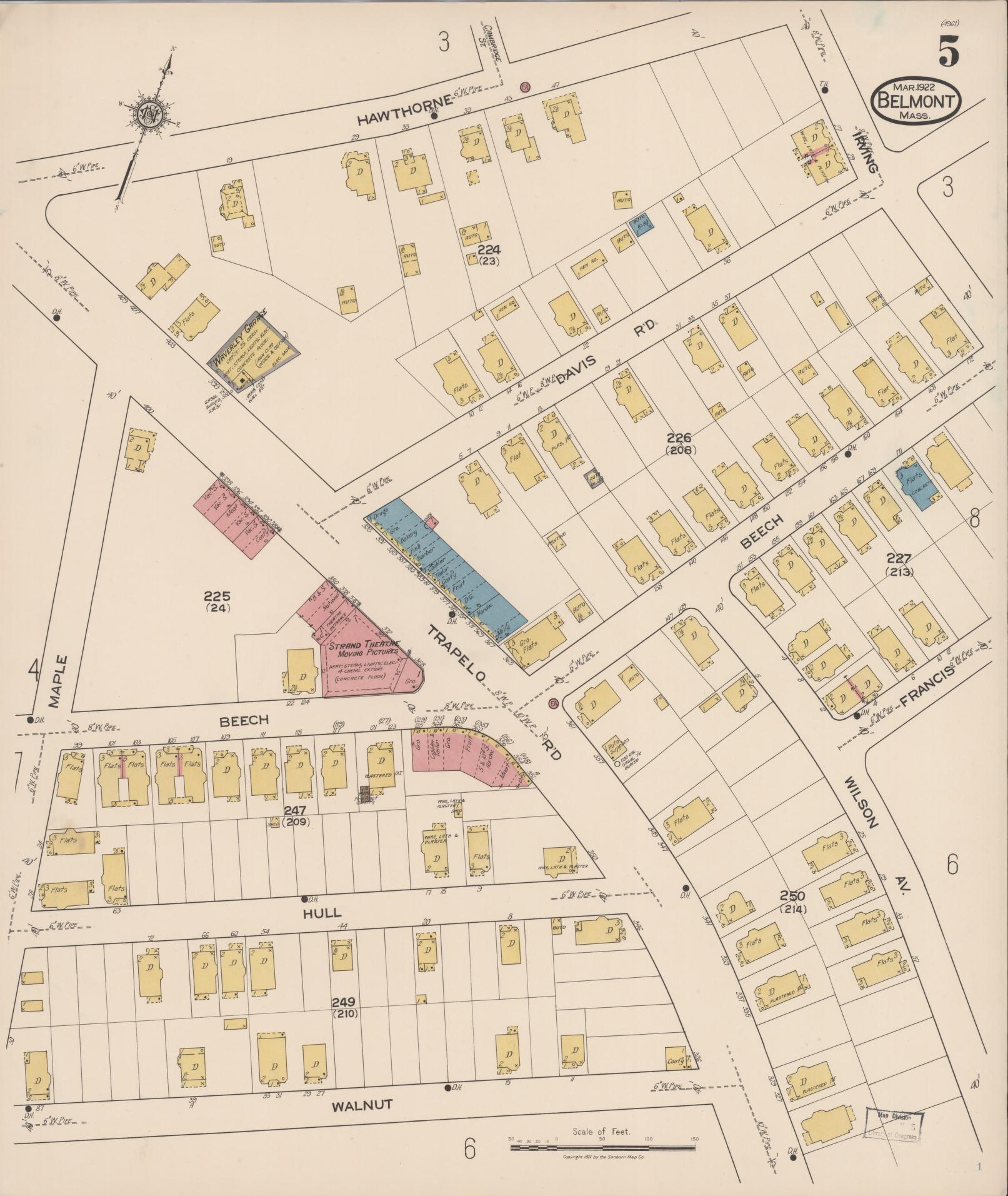 Sanborn Fire Insurance Map from Belmont, Middlesex County, Massachusetts (1922), Sheet #0005 - Historic Sanborn Fire Insurance Map Print, vintage old map wall art, antique decor, genealogy gift, Massachusetts Massachusetts map