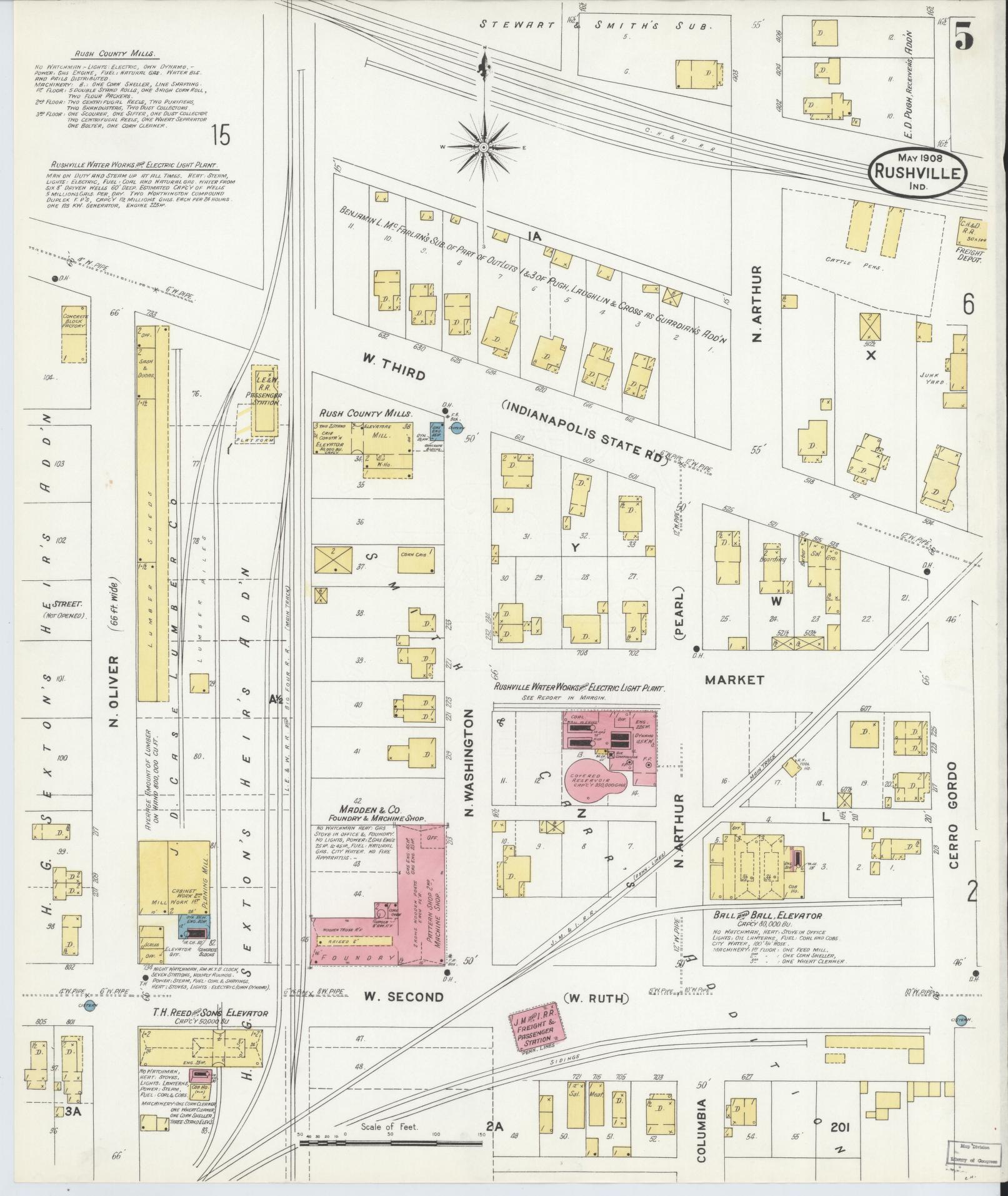 Sanborn Fire Insurance Map from Rushville, Rush County, Indiana (1908), Sheet #0005 - Complete Map Set gallery image, historic Sanborn map, vintage wall art, Indiana Indiana