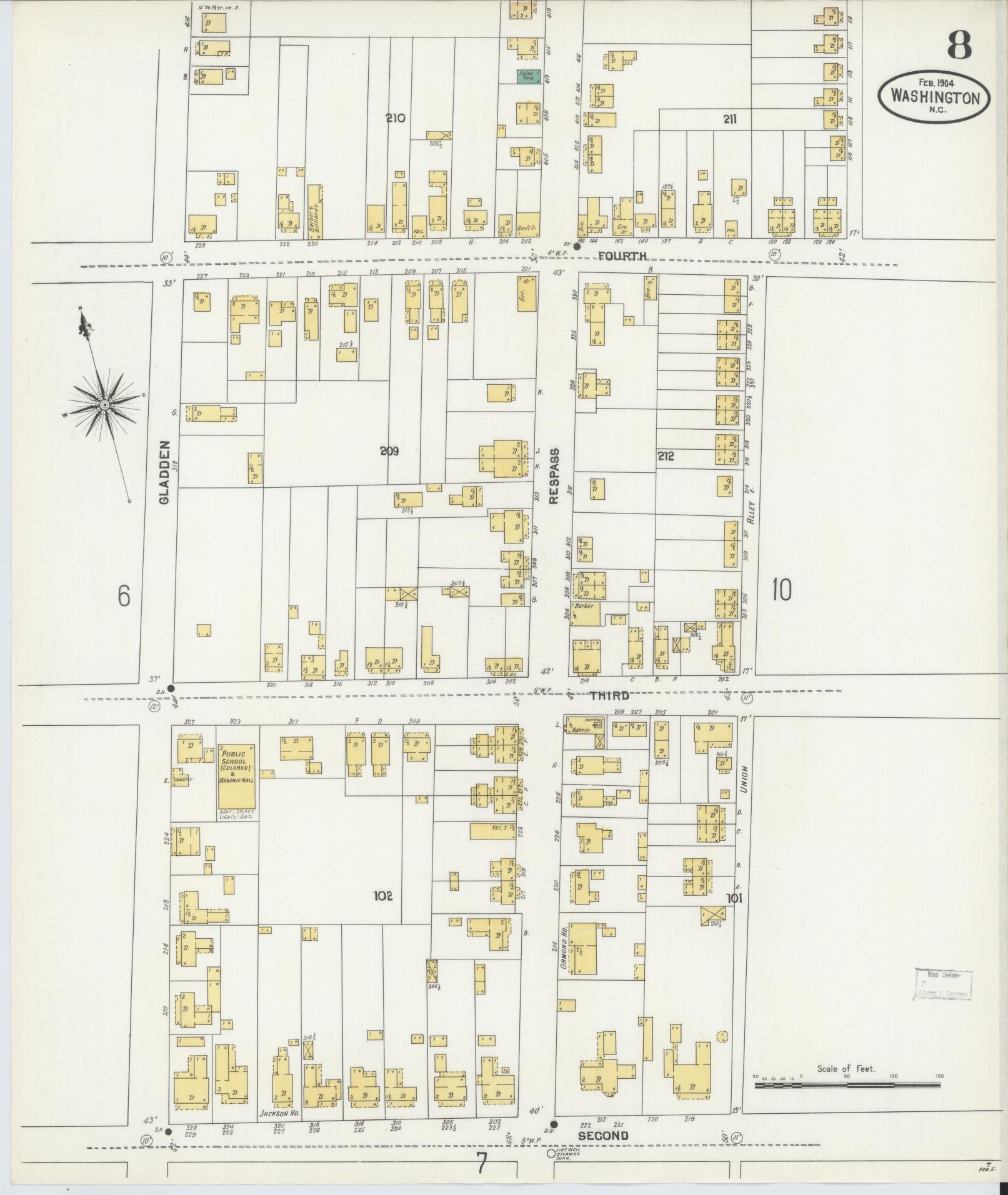 Sanborn Fire Insurance Map from Washington, Beaufort County, North Carolina (1904), Sheet #0008 - Historic Sanborn Fire Insurance Map Print, vintage old map wall art, antique decor, genealogy gift, North Carolina North Carolina map