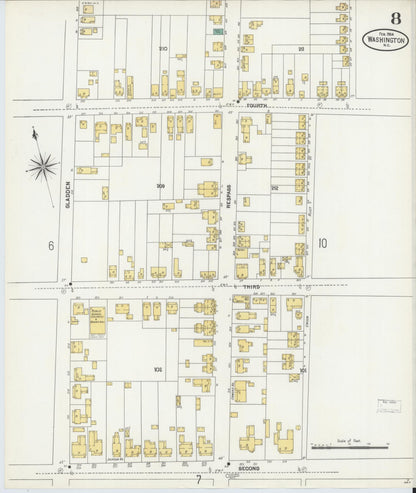 Sanborn Fire Insurance Map from Washington, Beaufort County, North Carolina (1904), Sheet #0008 - Historic Sanborn Fire Insurance Map Print, vintage old map wall art, antique decor, genealogy gift, North Carolina North Carolina map