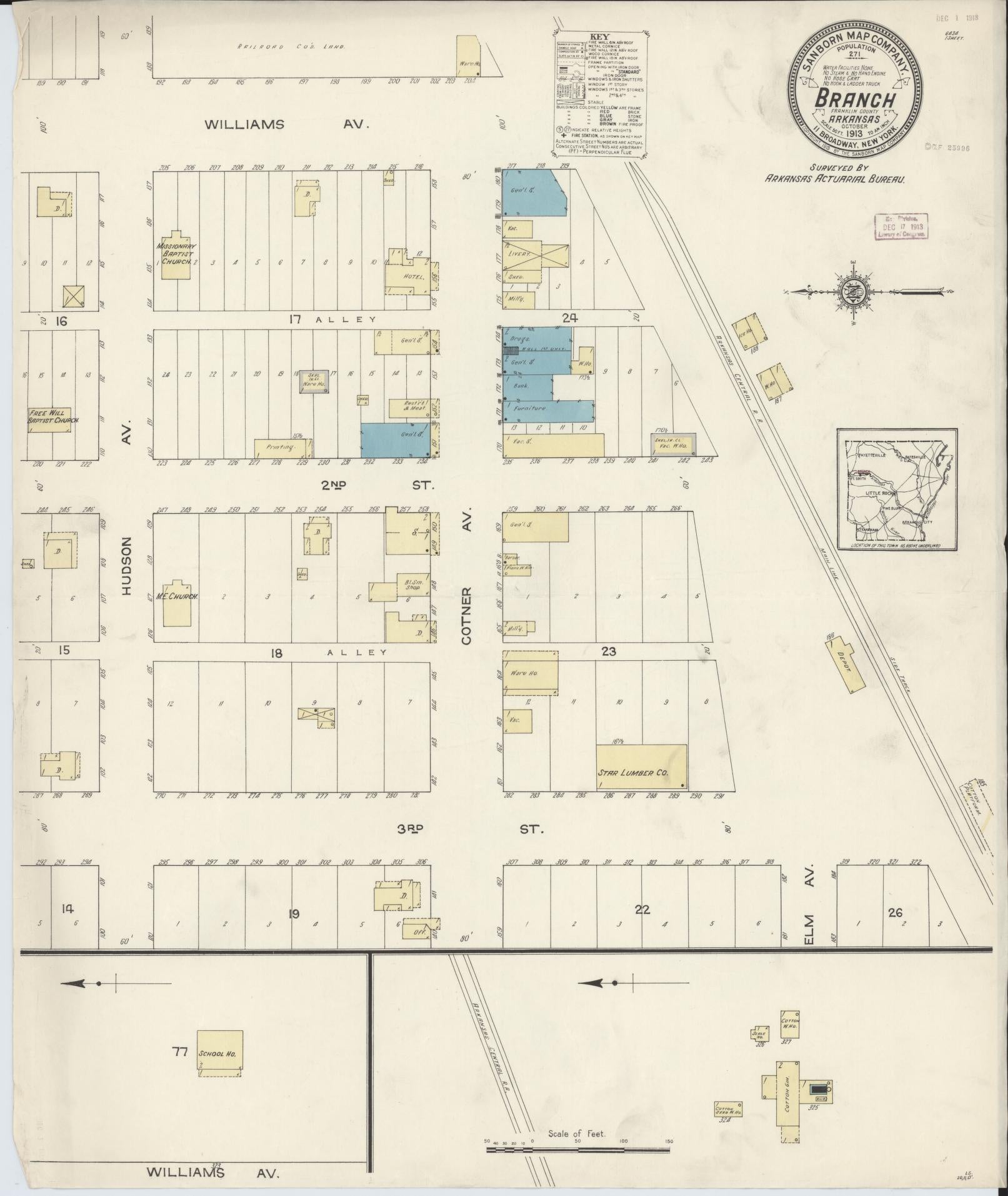 Sanborn Fire Insurance Map from Branch, Franklin County, Arkansas (1913), Sheet #0001 - Historic Sanborn Fire Insurance Map Print, vintage old map wall art, antique decor, genealogy gift, Arkansas Arkansas map