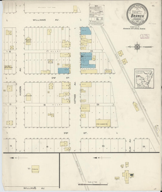 Sanborn Fire Insurance Map from Branch, Franklin County, Arkansas (1913), Sheet #0001 - Historic Sanborn Fire Insurance Map Print, vintage old map wall art, antique decor, genealogy gift, Arkansas Arkansas map