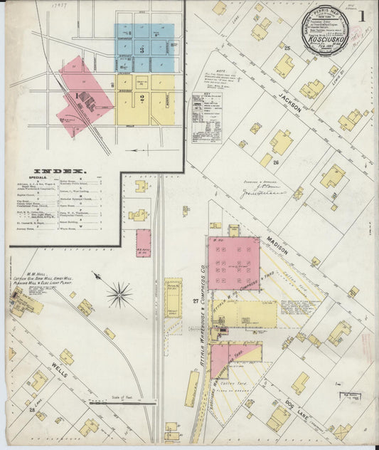 Sanborn Fire Insurance Map from Kosciusko, Attala County, Mississippi (1897), Sheet #0001 - Historic Sanborn Fire Insurance Map Print, vintage old map wall art, antique decor, genealogy gift, Mississippi Mississippi map