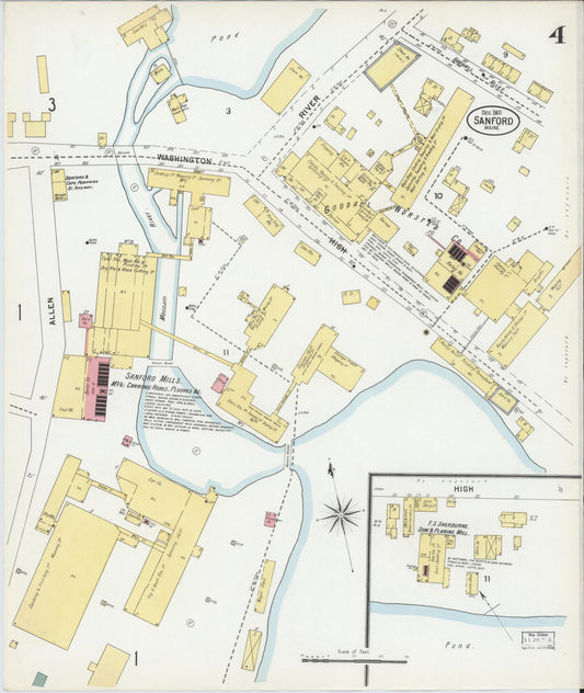 Sanborn Fire Insurance Map from Sanford, York County, Maine (1901), Sheet #0004 - Historic Sanborn Fire Insurance Map Print, vintage old map wall art, antique decor, genealogy gift, Maine Maine map