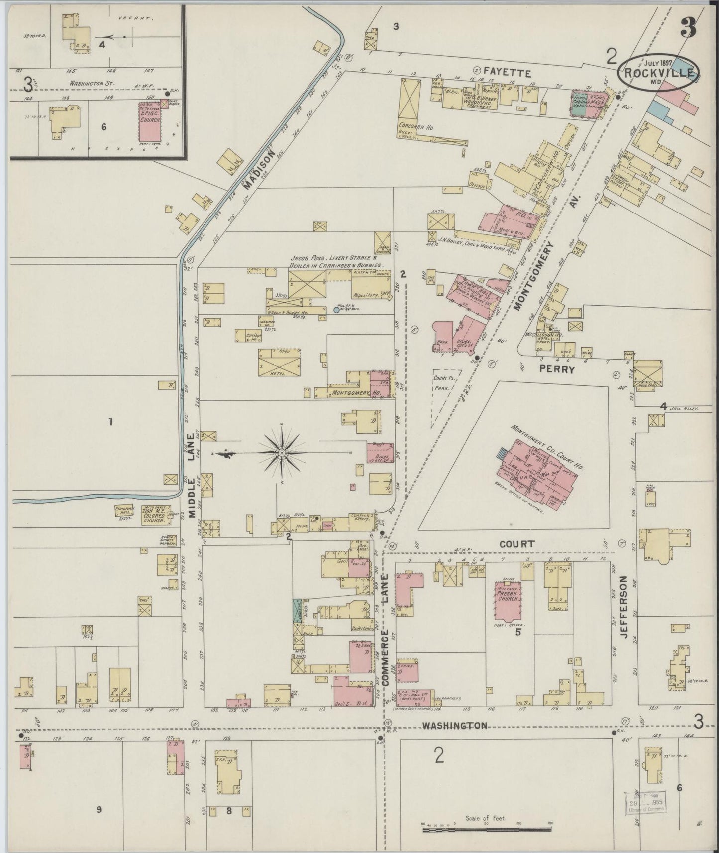 Sanborn Fire Insurance Map from Rockville, Montgomery County, Maryland (1897), Sheet #0003 - Historic Sanborn Fire Insurance Map Print, vintage old map wall art