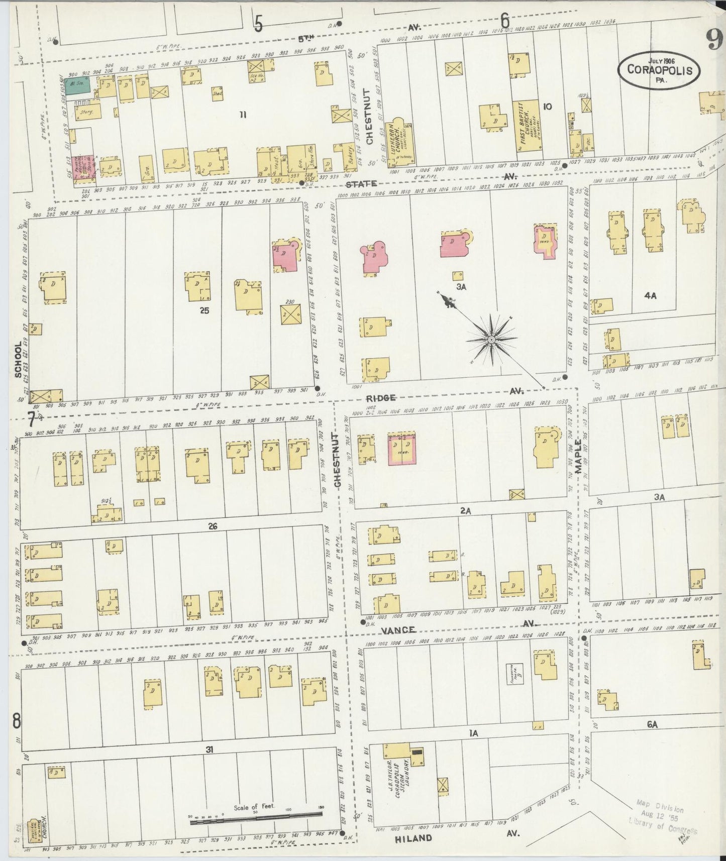Sanborn Fire Insurance Map from Coraopolis, Allegheny County, Pennsylvania (1906), Sheet #0009 - Historic Sanborn Fire Insurance Map Print, vintage old map wall art, antique decor, genealogy gift, Pennsylvania Pennsylvania map
