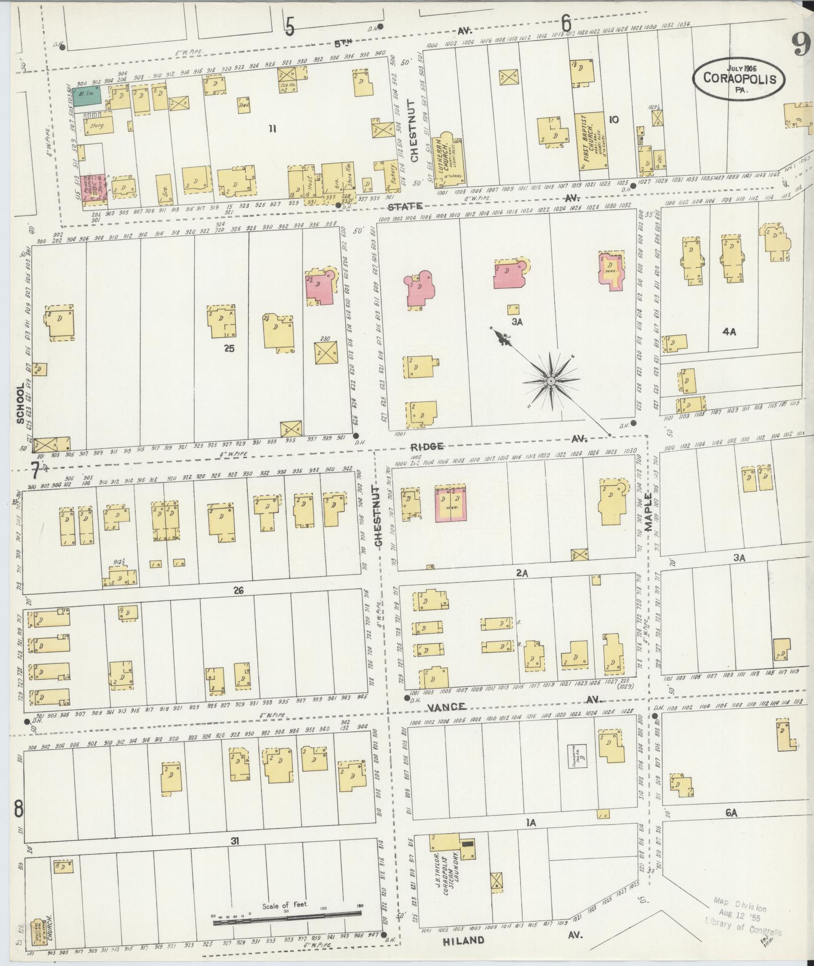 Sanborn Fire Insurance Map from Coraopolis, Allegheny County, Pennsylvania (1906), Sheet #0009 - Historic Sanborn Fire Insurance Map Print, vintage old map wall art, antique decor, genealogy gift, Pennsylvania Pennsylvania map