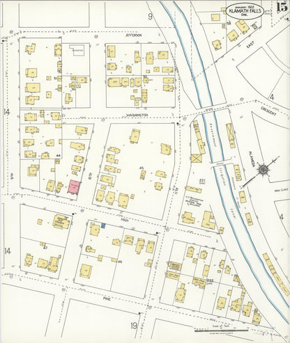 Sanborn Fire Insurance Map from Klamath Falls, Klamath County, Oregon (1921), Sheet #0015 - Complete Map Set gallery image, historic Sanborn map, vintage wall art, Oregon Oregon